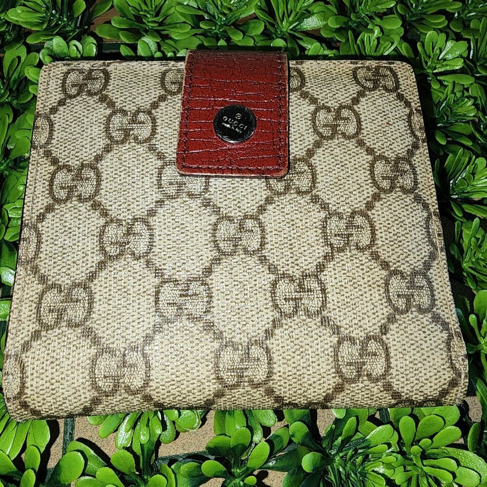 GUC Gucci GG Monogram Bordeaux Bifold Coin Pocket Double Snap Wallet - Picture 1 of 16